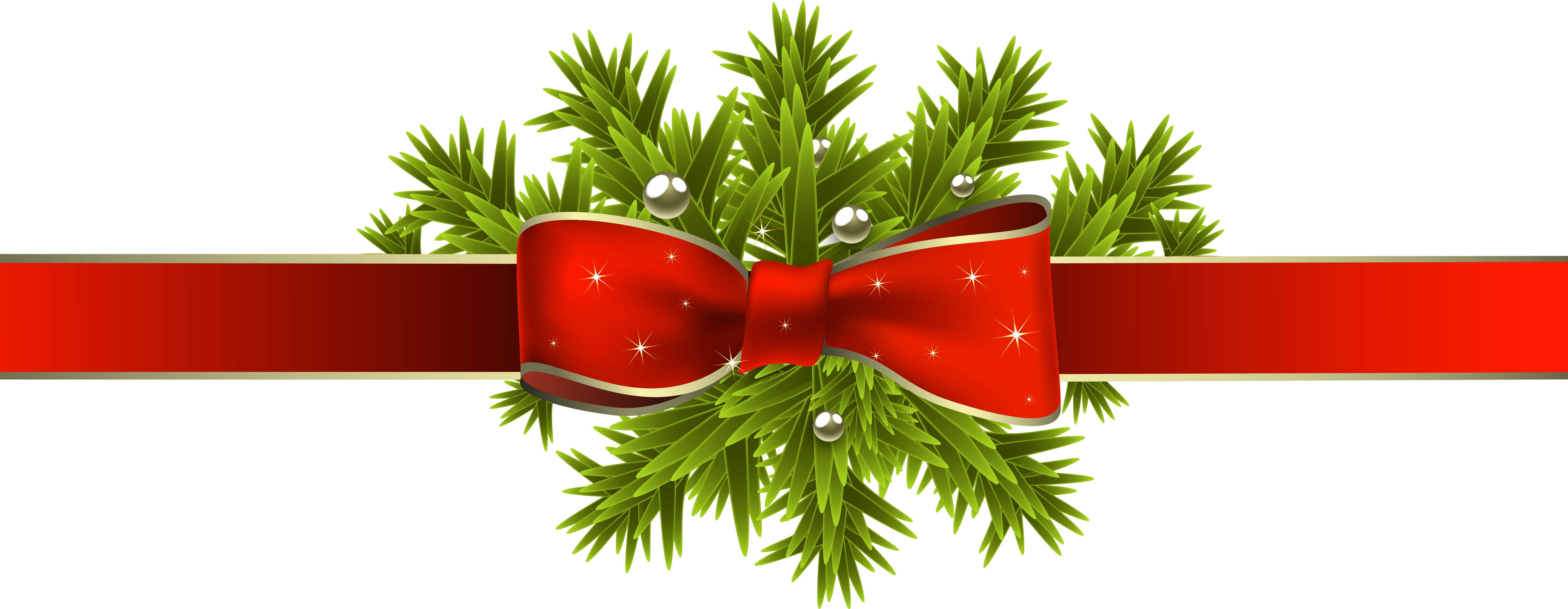 Red Christmas Ribbon with Pine Branches PNG Clipart Image.
