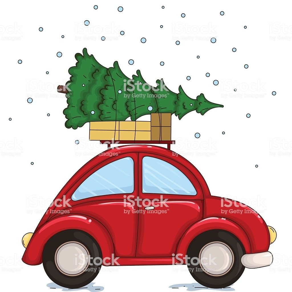 Red Car Driven By A Christmas Tree And Presents Vector.
