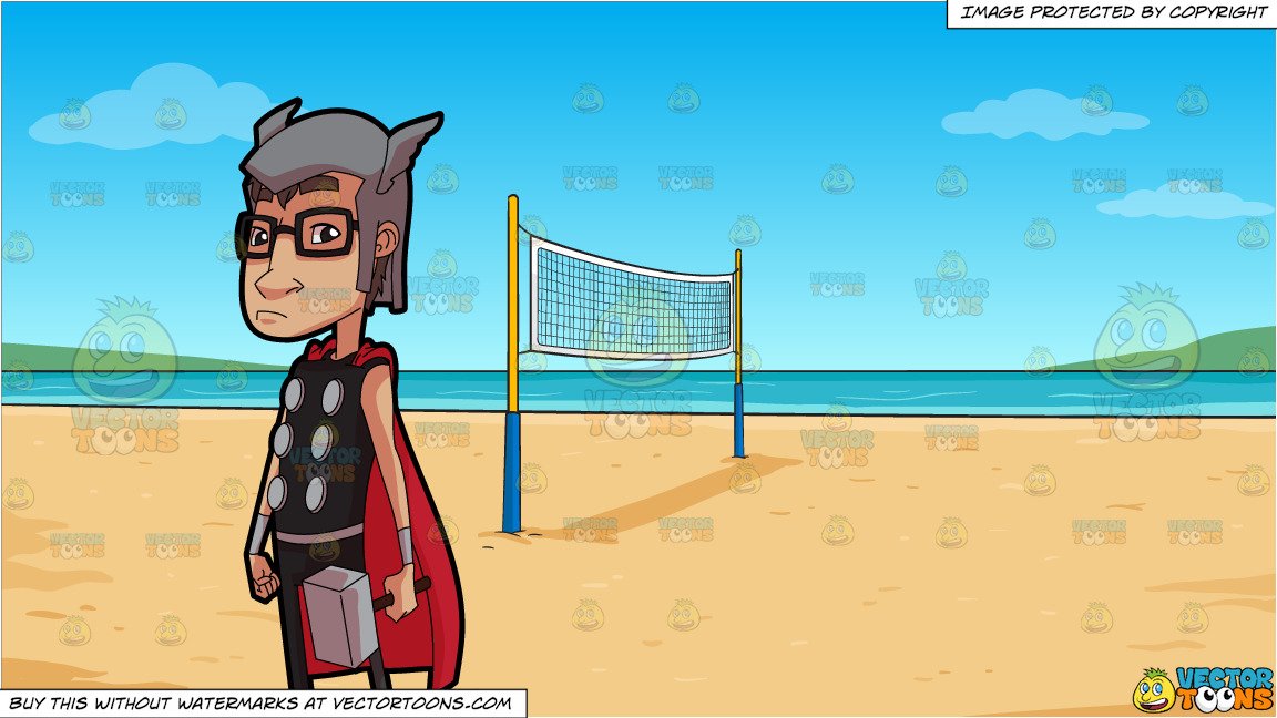 A Man Dressed Like A Super Hero and Beach Volleyball Background.