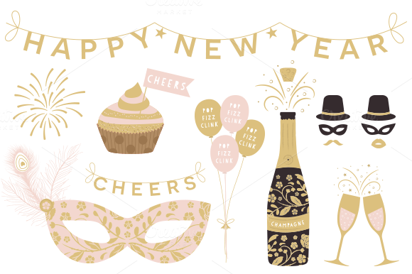 Happy new year clipart assets creative market.
