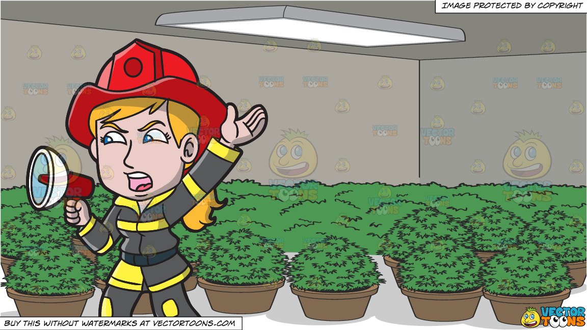 A Female Firefighter Yelling An Emergency Announcement and A Grow Room Full  Of Potted Plants.