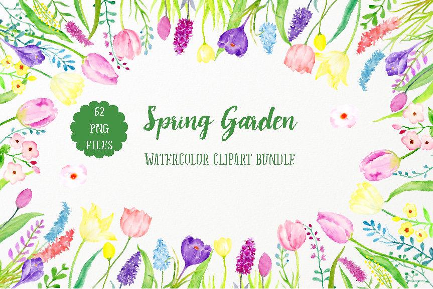Watercolor Spring Garden Bundle, pink tulip, yellow daffodils and spring  flower collection.