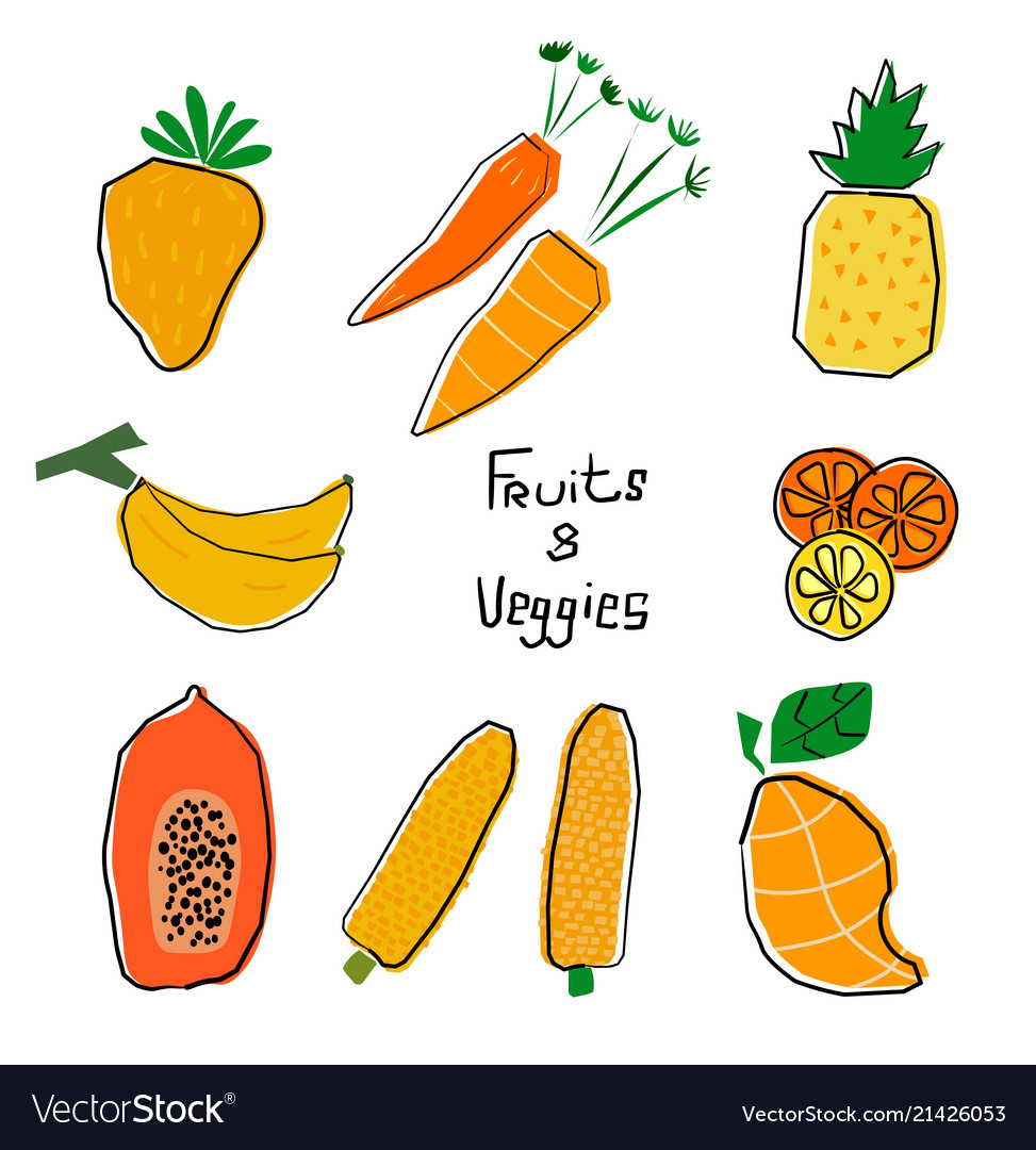 Orange and yellow cartoon fruits and veggies set.