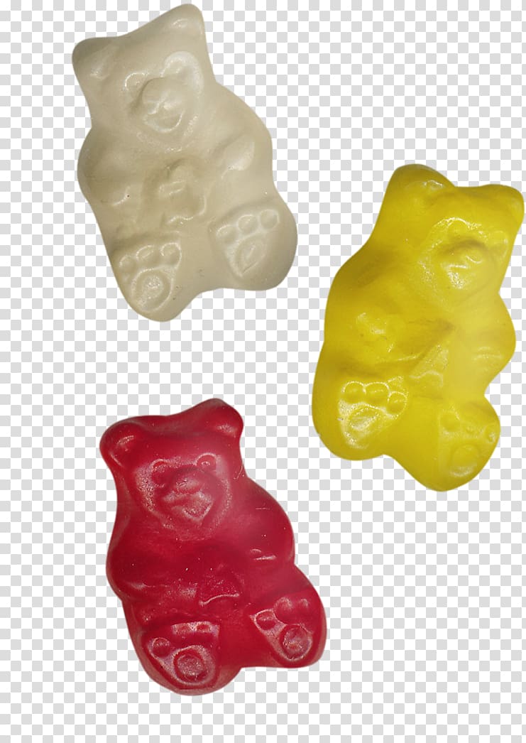 Three white, yellow, and red gummy bears, Gummy bear.