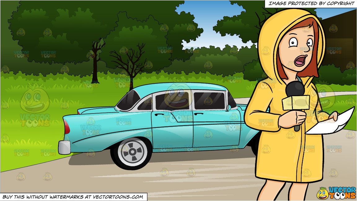 A Female Broadcaster In Raincoat Reporting News From The Field Despite The  Bad Weather and Blue 1950s Style Car Background.