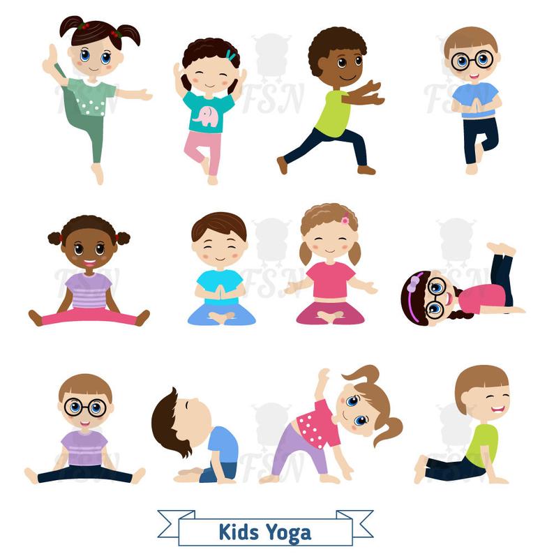 Kids doing yoga in different positions. Digital Clipart. Children yoga  Digital Vector. Children doing yoga Childhood Clip Art.