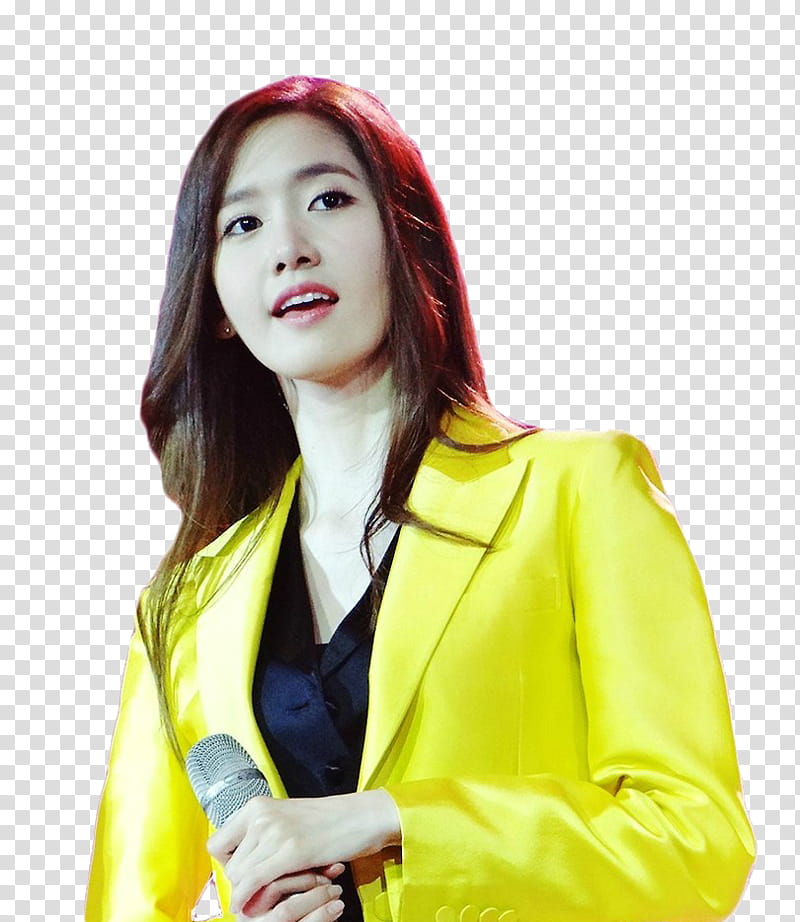 Yoona SNSD, woman wearing yellow coat holding microphone.