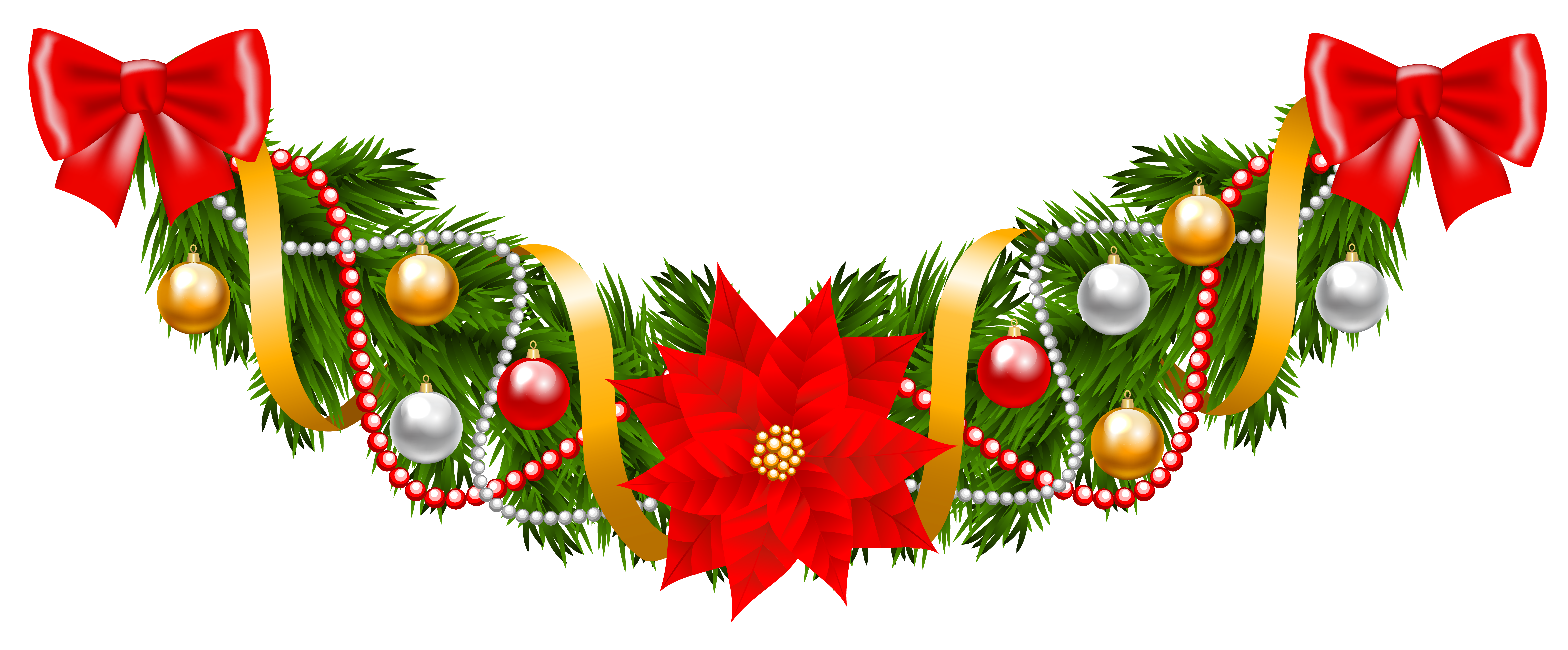 Christmas Pine Deco Garland with Poinsettia PNG Clipart.