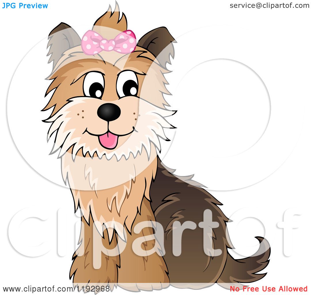 Cartoon of a Happy Yorkie Terrier Sitting, with a Pink Bow on Its.