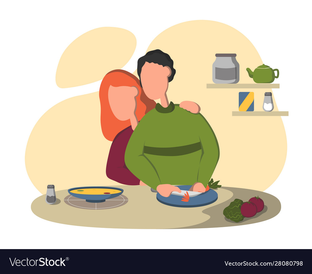 Young loving couple cooking together on kitchen.