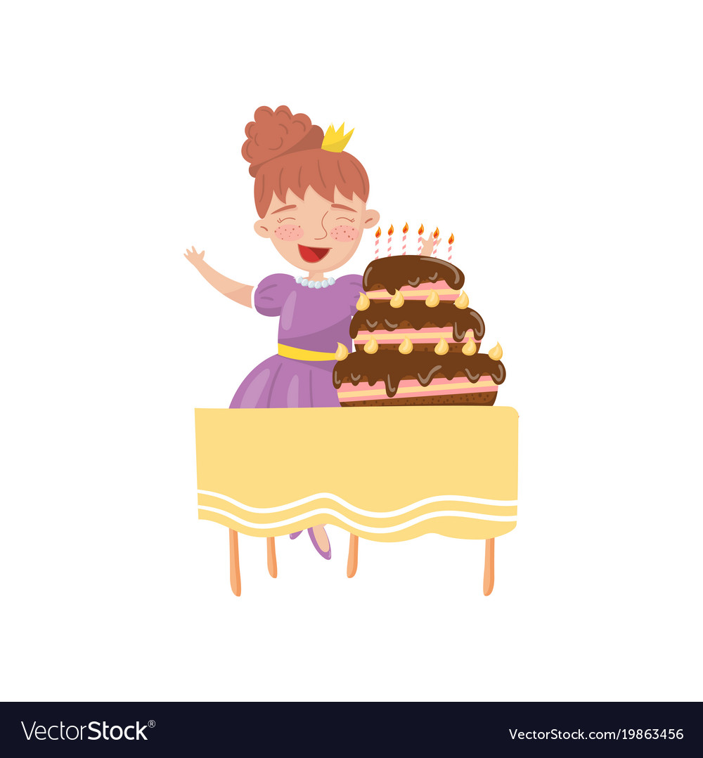 Happy young woman with birthday cake cartoon.