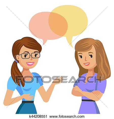 Two young women talking. Meeting colleagues or friends. Vector  illustration. Clipart.