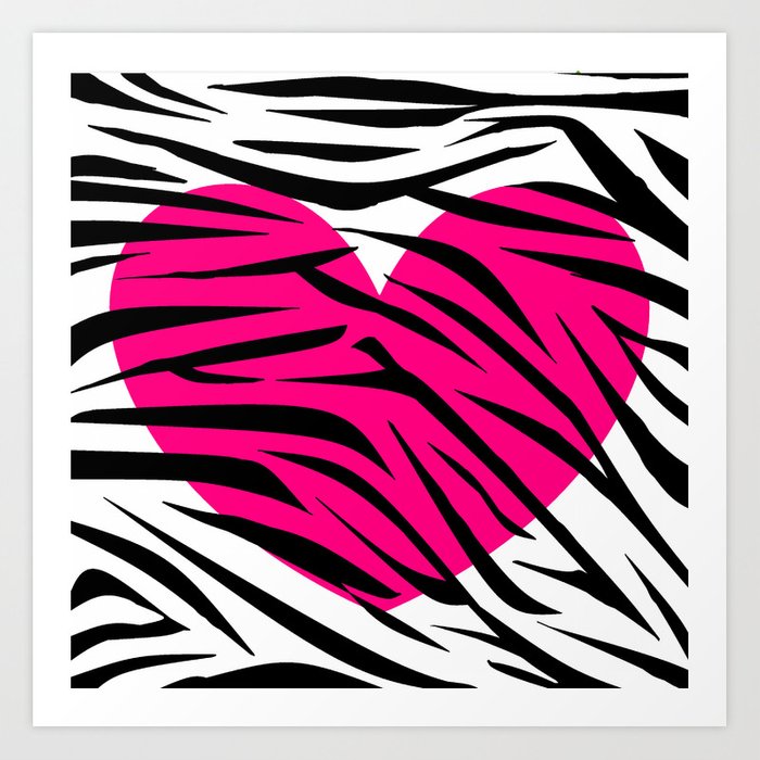 Hot Pink Heart Black White Zebra Stripes Art Print by beachbumfamily.