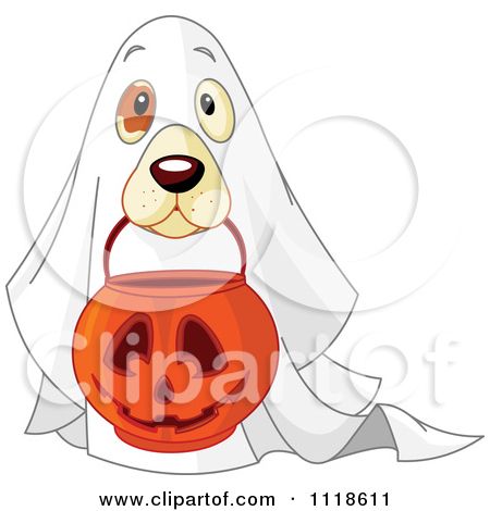 Cartoon Of A Trick Or Treating Halloween Dog In A Ghost Costume.