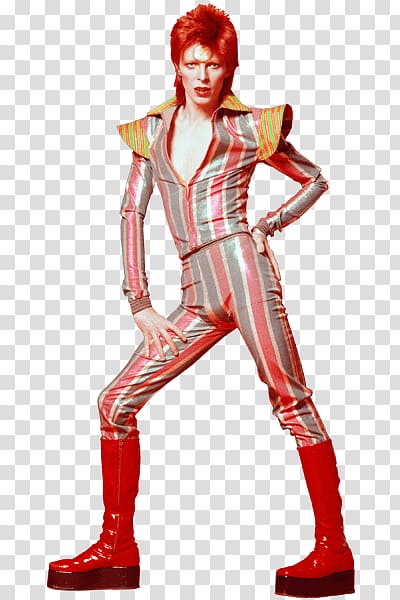 Woman wearing striped overalls, David Bowie Ziggy Stardust.