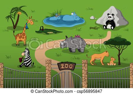 Animals of zoo in cartoon style. Scene with funny characters. Wildlife  poster.